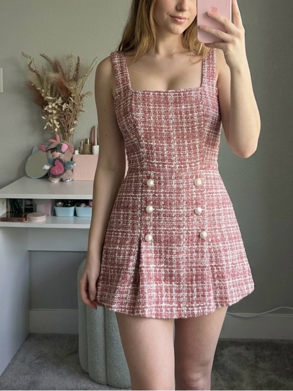 Source Unknown Pink Tweed Midi Dress